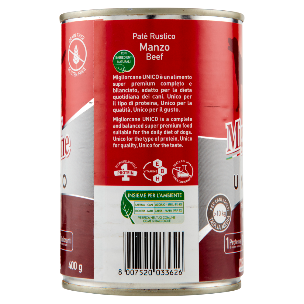Migliorcane Unico Patè Rustico Manzo per Cani Adulti >10 kg Taglia Media 400 g