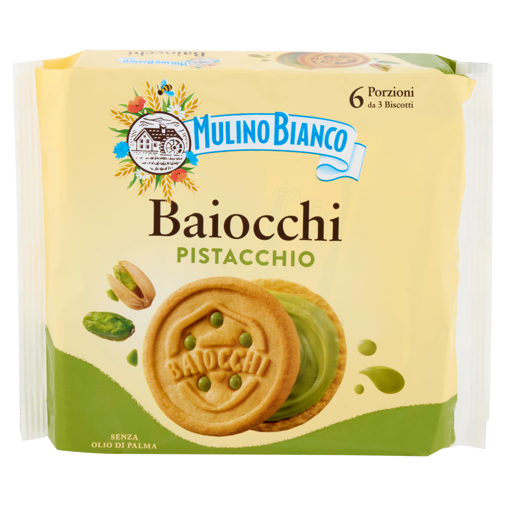 Mulino Bianco Baiocchi Biscotti Snack Farciti con Crema al Pistacchio 168g
