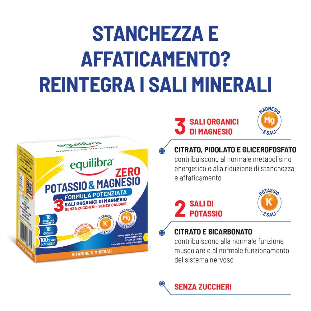 Equilibra Potassio e Magnesio Zero 3 Formula Potenziata Bustine Monodose 18 x 5,35 g