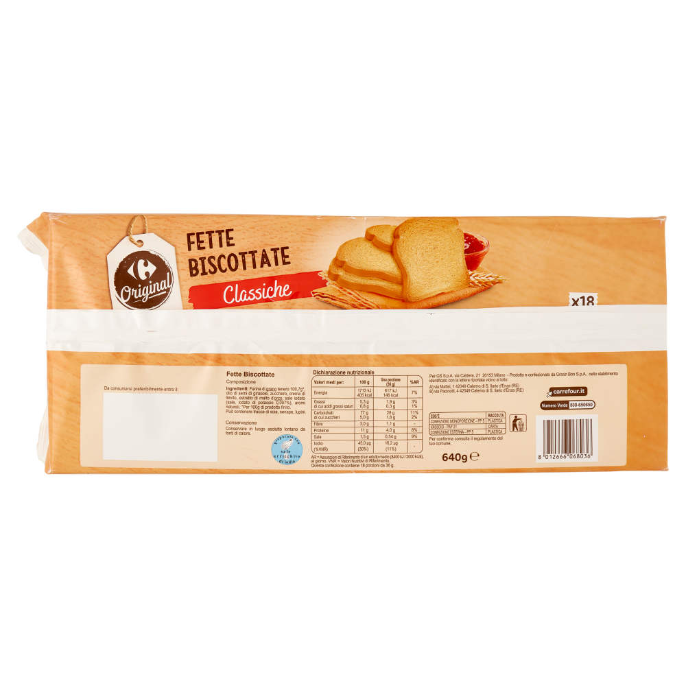 Carrefour Original Fette Biscottate Classiche 18 Monoporzioni 640 g