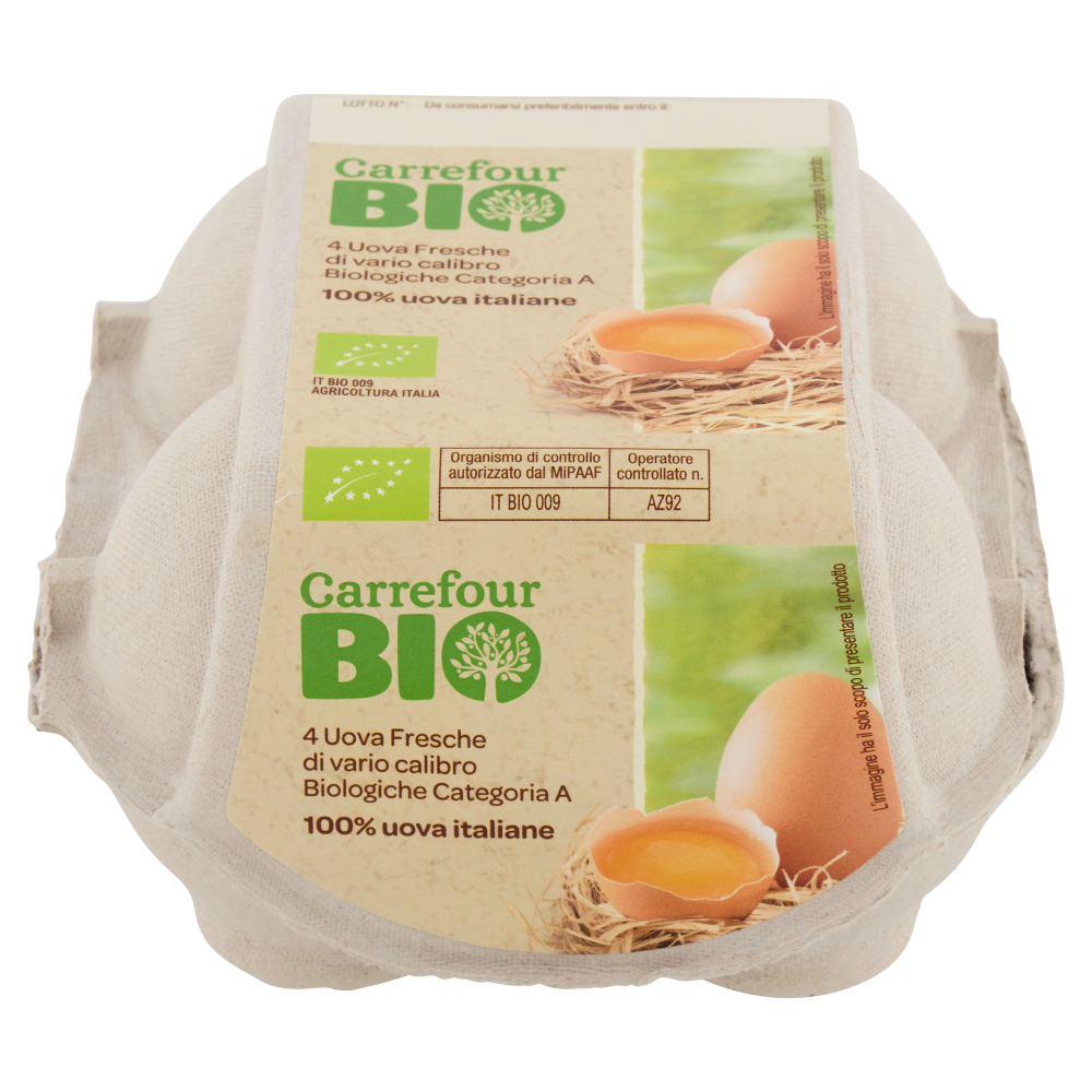 Carrefour Bio 4 Uova Fresche di vario calibro Biologiche Categoria A 220 g
