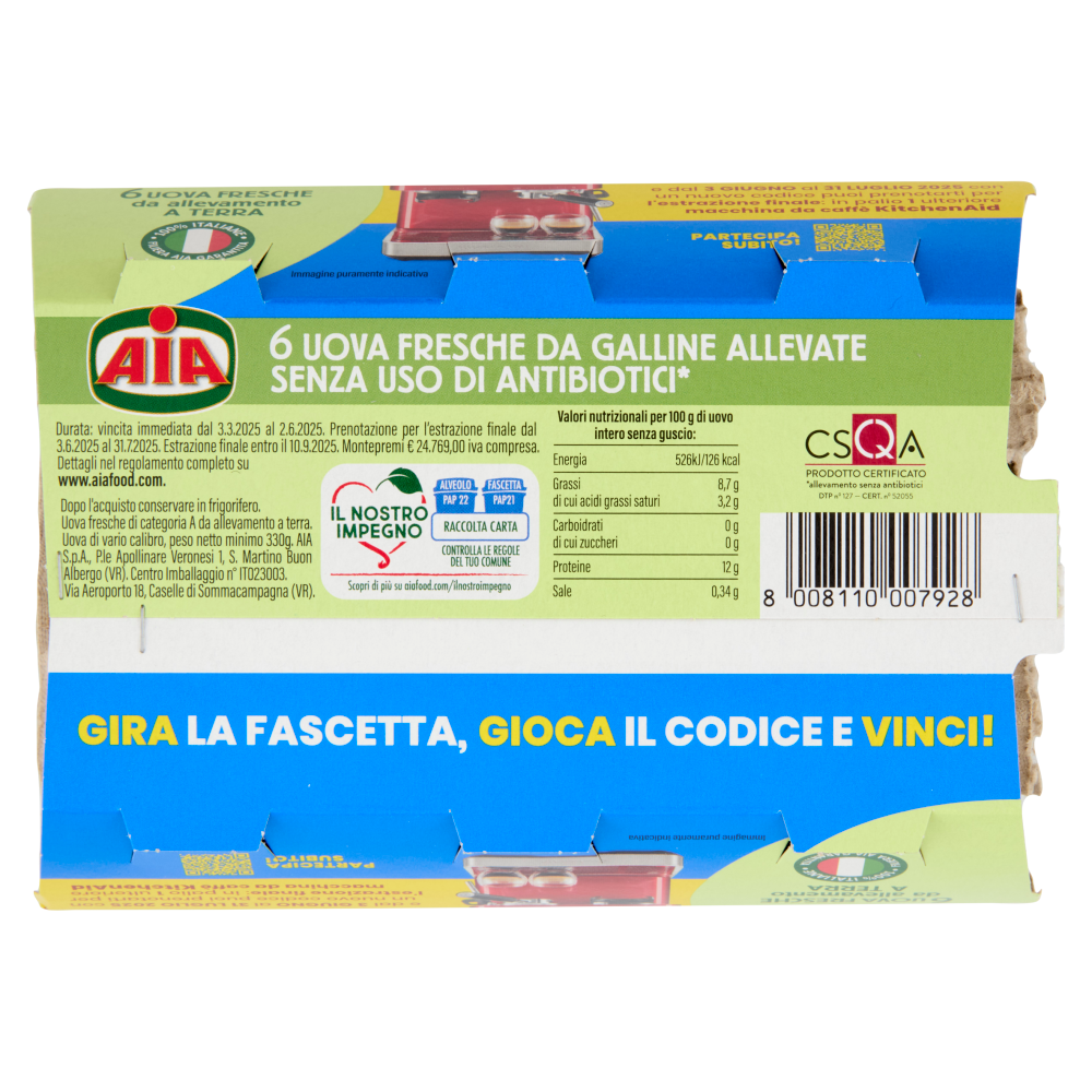 Aia 6 Uova Fresche da allevamento a Terra da Galline Allevate Senza Uso di Antibiotici* 330 g