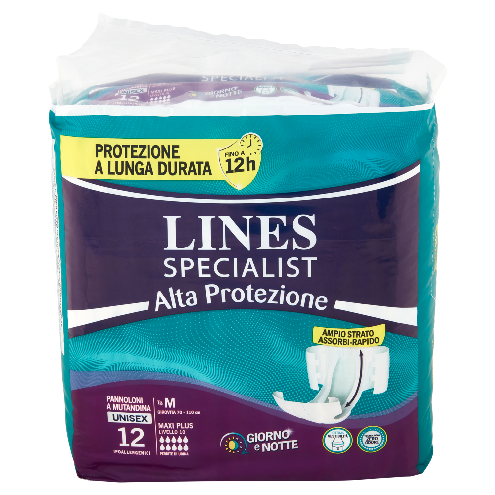 Lines Specialist Alta Protezione Pannoloni a Mutandina Unisex Tg. M Maxi Plus 12 pz