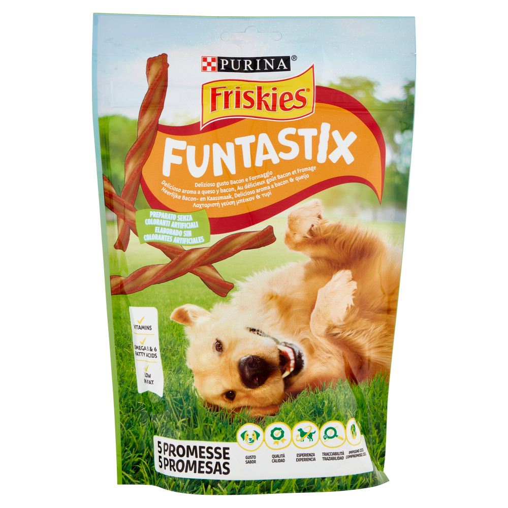 PURINA FRISKIES Funtastix Snack cane al gusto di Bacon e Formaggio busta 175 g