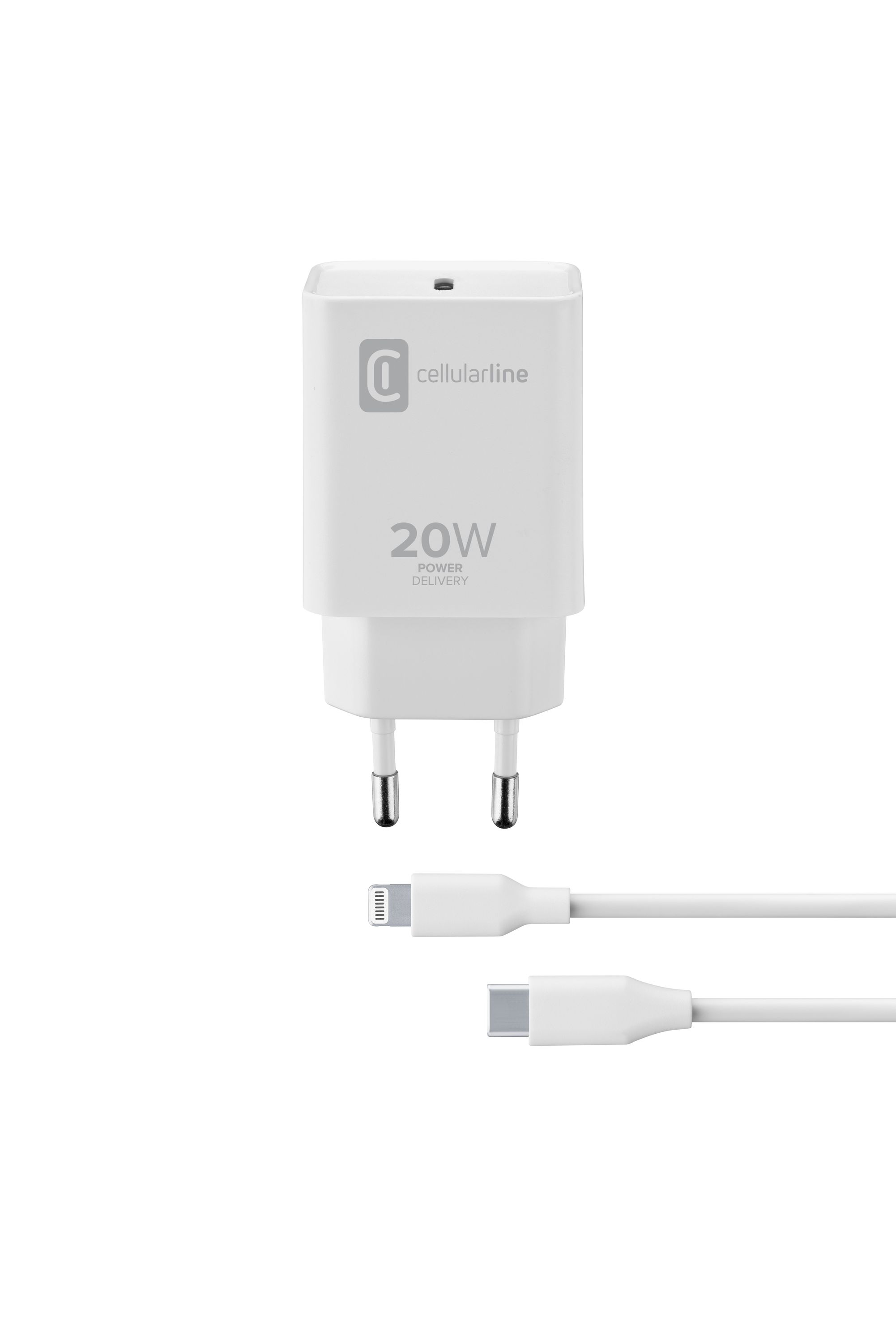 Cellularline USB-C Charger Kit 20W - USB-C to Lightning - iPhone 8 or later Caricabatterie da rete USB-C 20W per la carica alla massima velocit&agrave; di iPhone 8 e successivi con cavo USB-C to Lightning