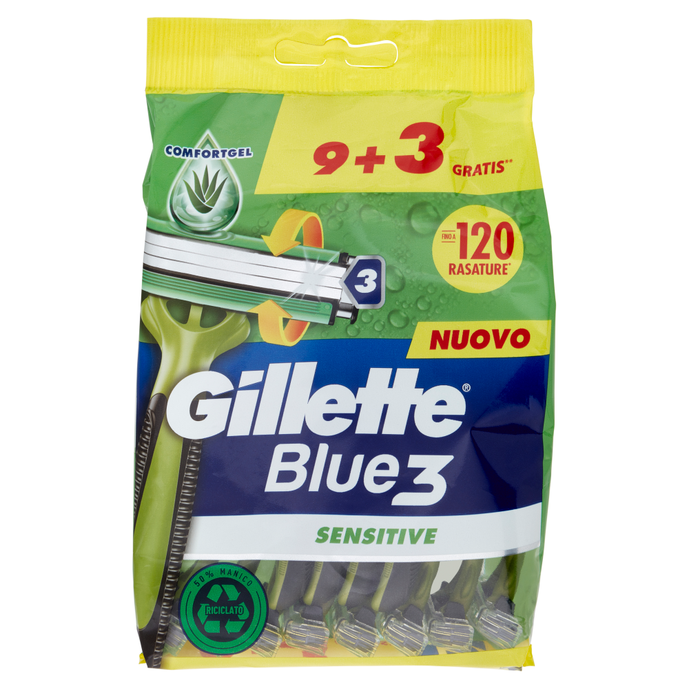 Gillette Rasoio Uomo Blue3 Sensitive Usa e Getta a 3 Lame, Confezione da 9 rasoi+3 Gratis = 12 Rasoi