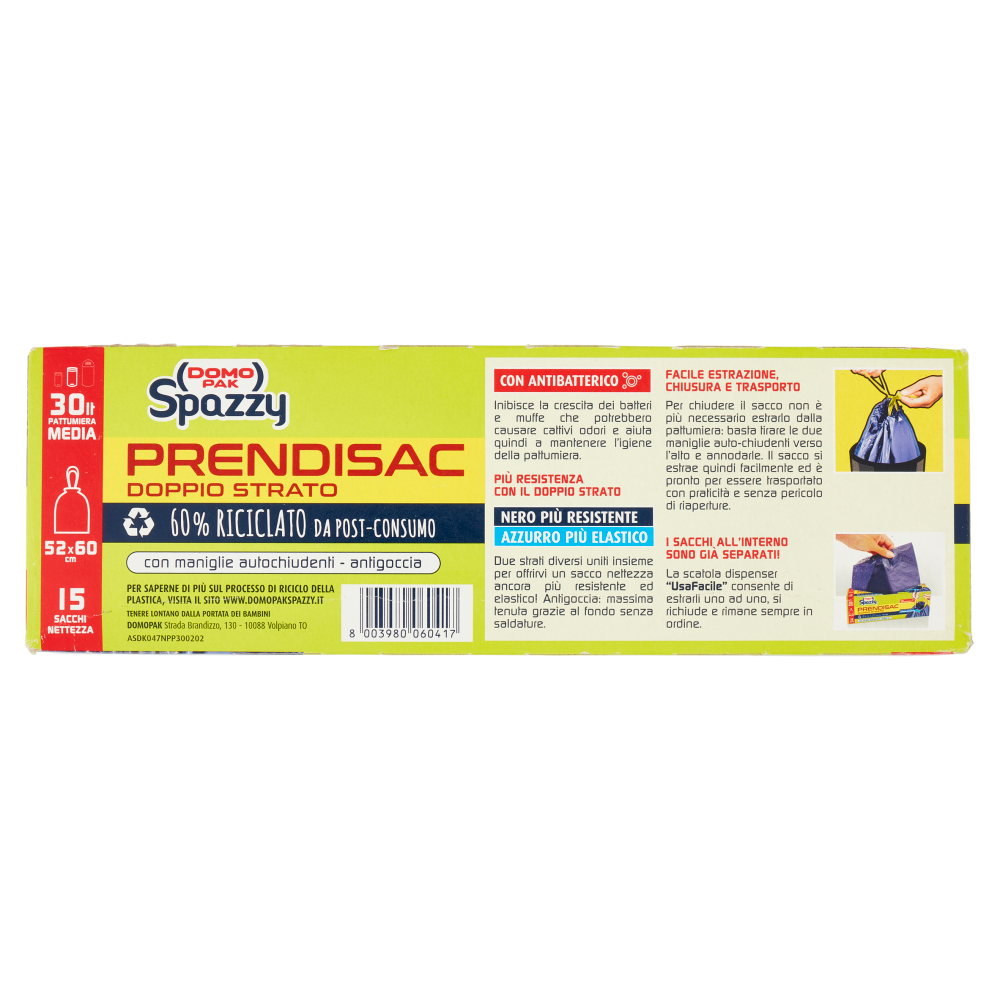 Domopak Spazzy Prendisac Doppio Strato con Antibatterico 30 lt Pattumiera Media 52x60 cm 15 pz