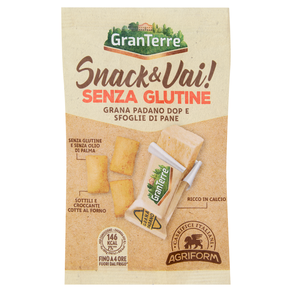 GranTerre Snack & Vai! Senza Glutine Grana Padano DOP e Sfoglie di Pane 35 g