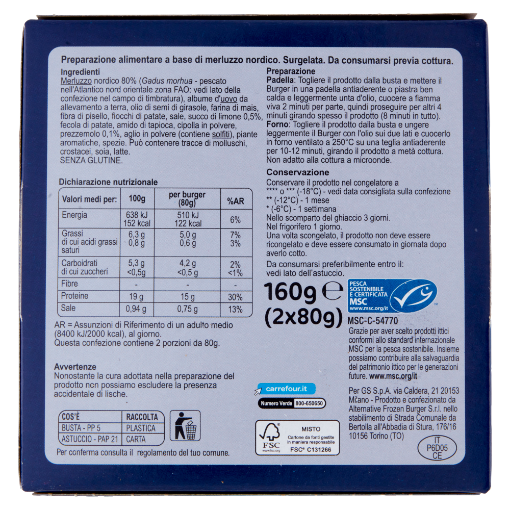 Carrefour Extra Burger di Merluzzo Nordico Surgelati con prezzemolo e limone 2 x 80 g