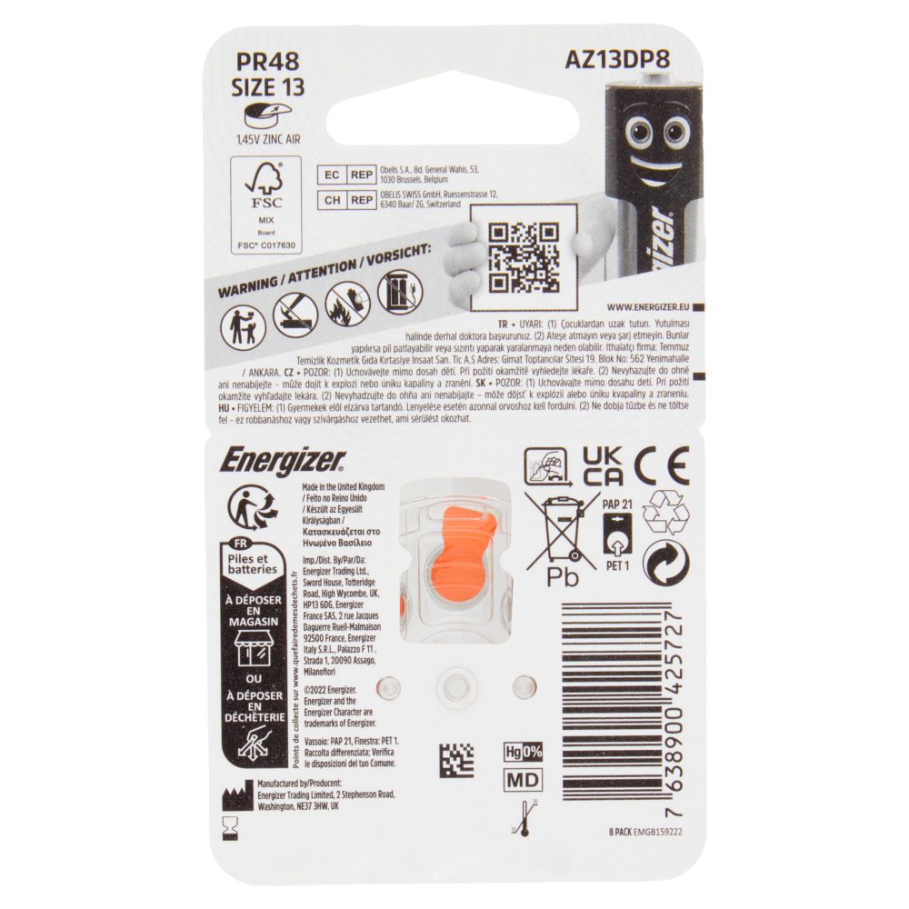 Energizer Pr48 Size 13 Zinc Air Hearing Aid Batteries 8 pz