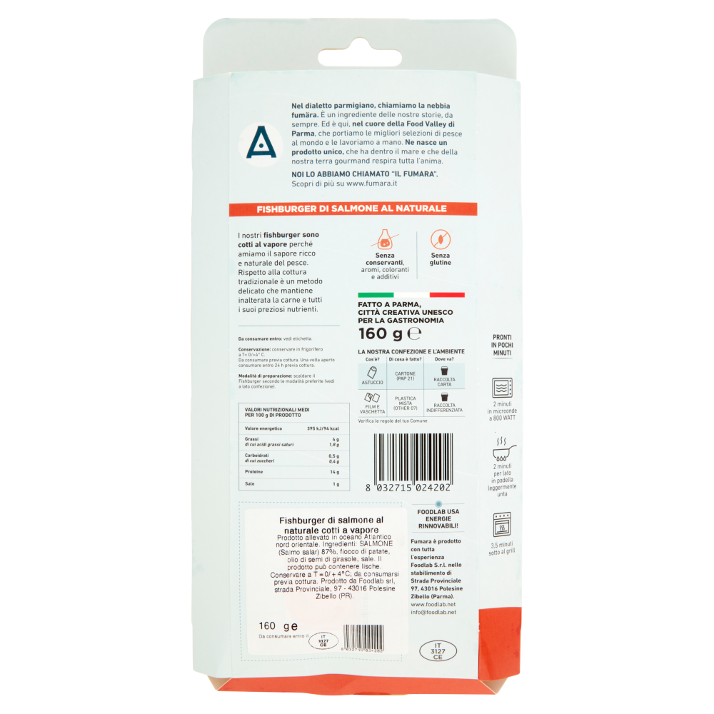 Fumara Fishburger Cotti al Vapore Solo Filetto di Salmone al naturale 160 g