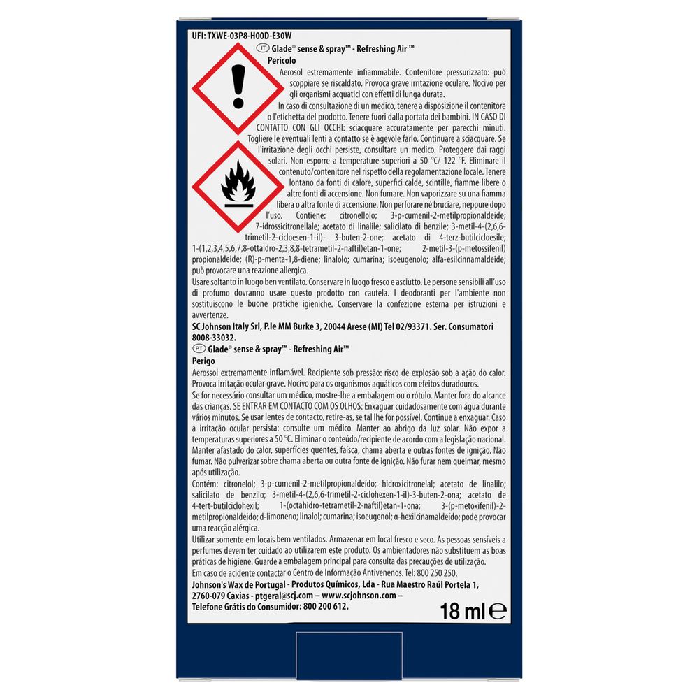 Glade Sense and Spray Base Profumatore per Ambienti con Olii Essenziali e Sensore di Movimento, Fragranza Refreshing Air™, Elimina gli odori degli animali domestici, 18 ml