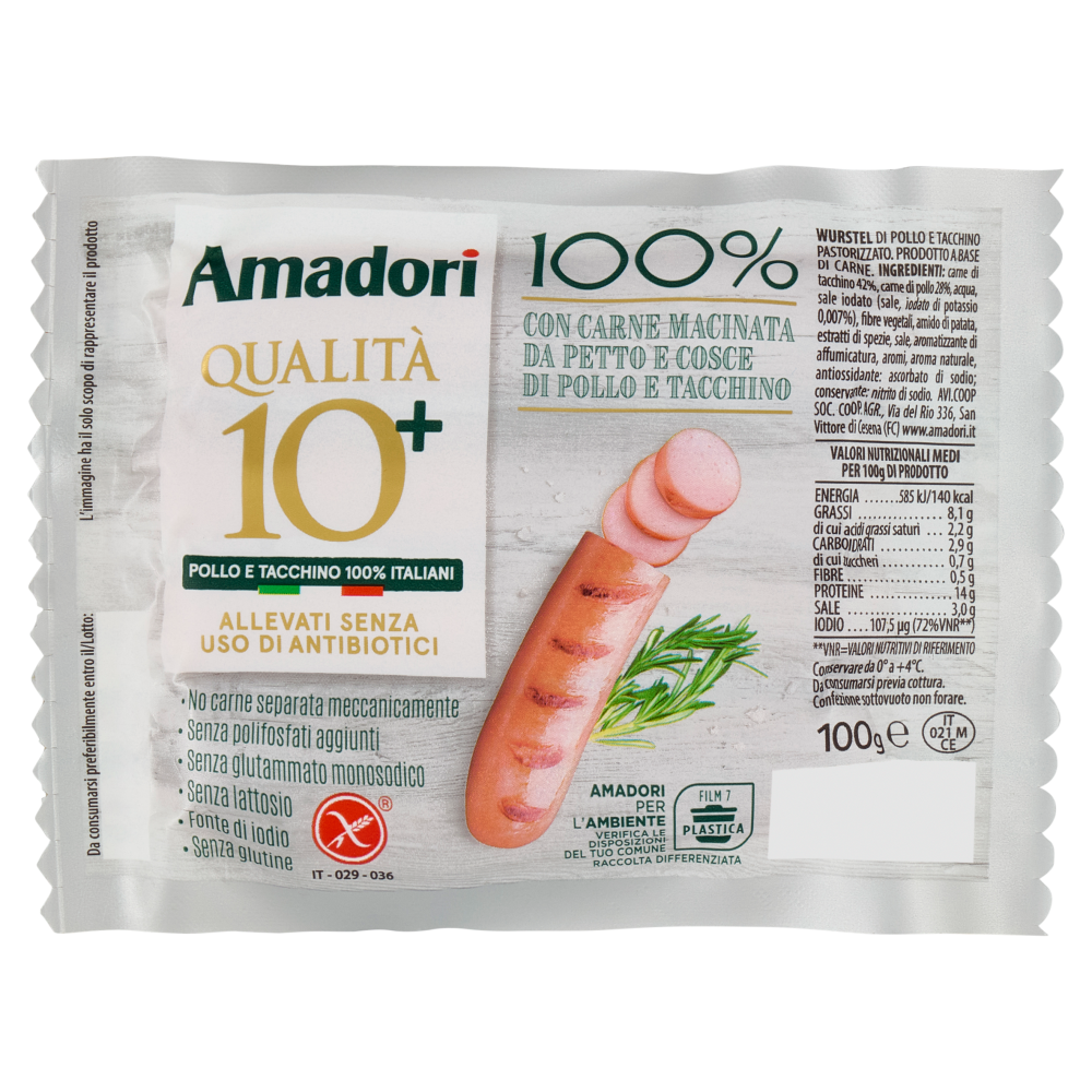 Amadori Qualit&agrave; 10+ Wurstel di Pollo e Tacchino 100 g