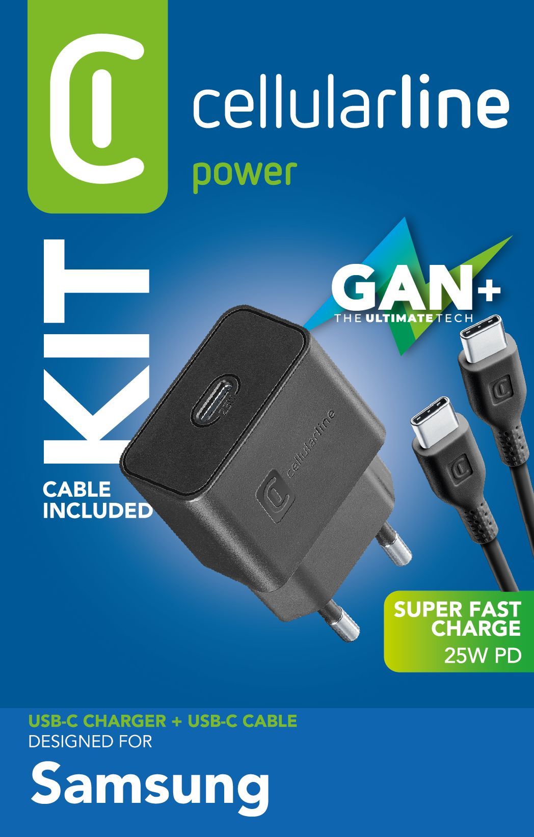 Cellularline Super Fast Charger Kit 25W - USB-C to USB-C - Samsung Caricabatterie da rete Super Fast Charge PD 25W con cavo USB-C to USB-C