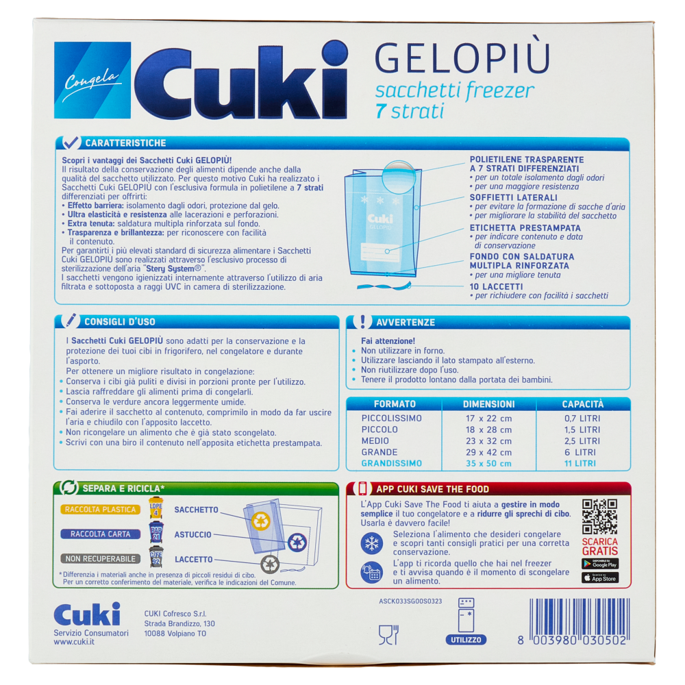 Cuki Congela Gelopiù sacchetti freezer 7 strati Formato Grandissimo 35 x 50 cm 10 pz