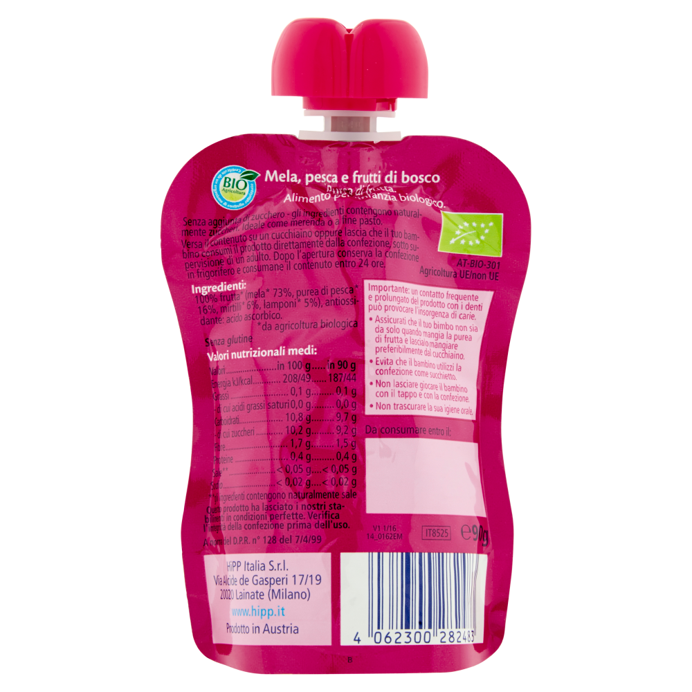 HiPP Biologico Frutta Frullata Mela, pesca e frutti di bosco 90 g