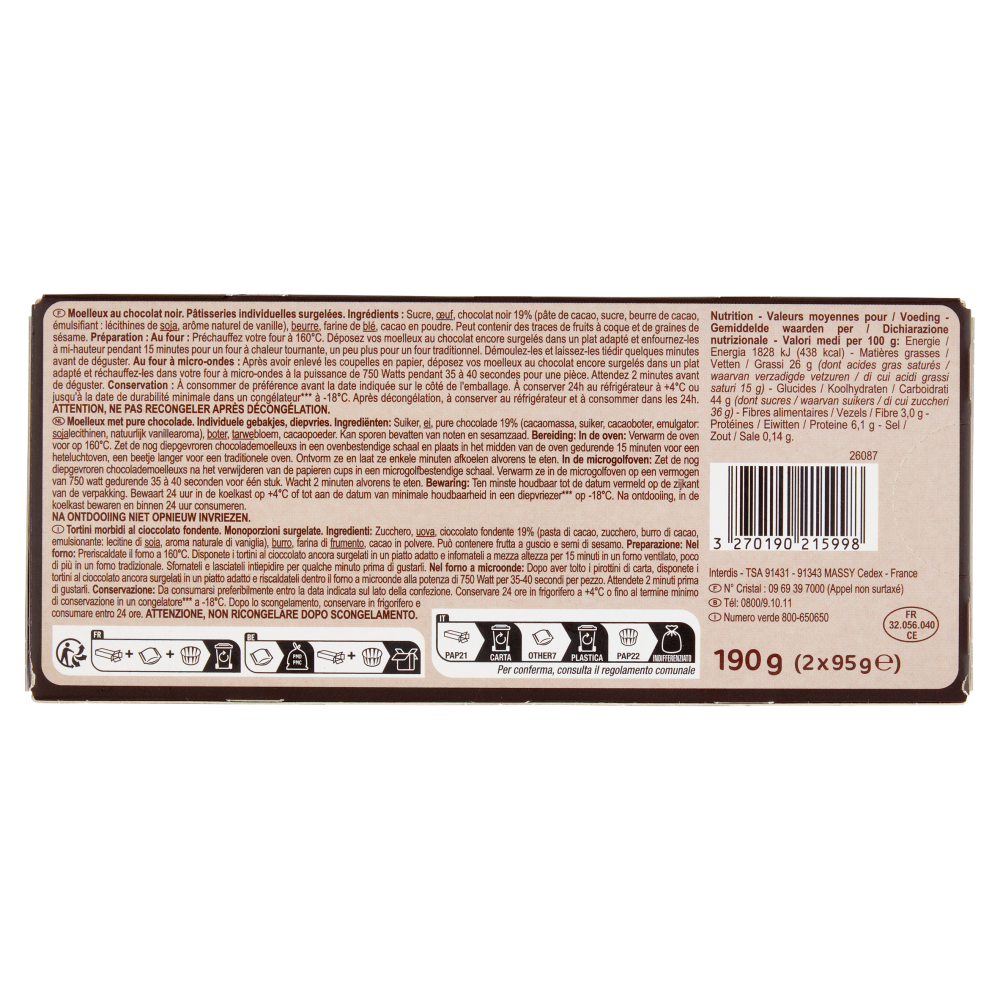 Carrefour Extra Tortini morbidi cioccolato Surgelato 2 x 95 g