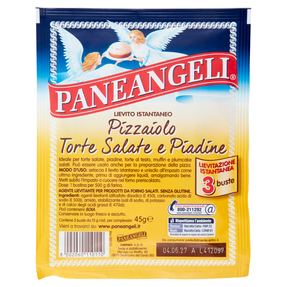PANEANGELI Lievito Istantaneo Pizzaiolo Torte Salate e Piadine 3 x 15 g