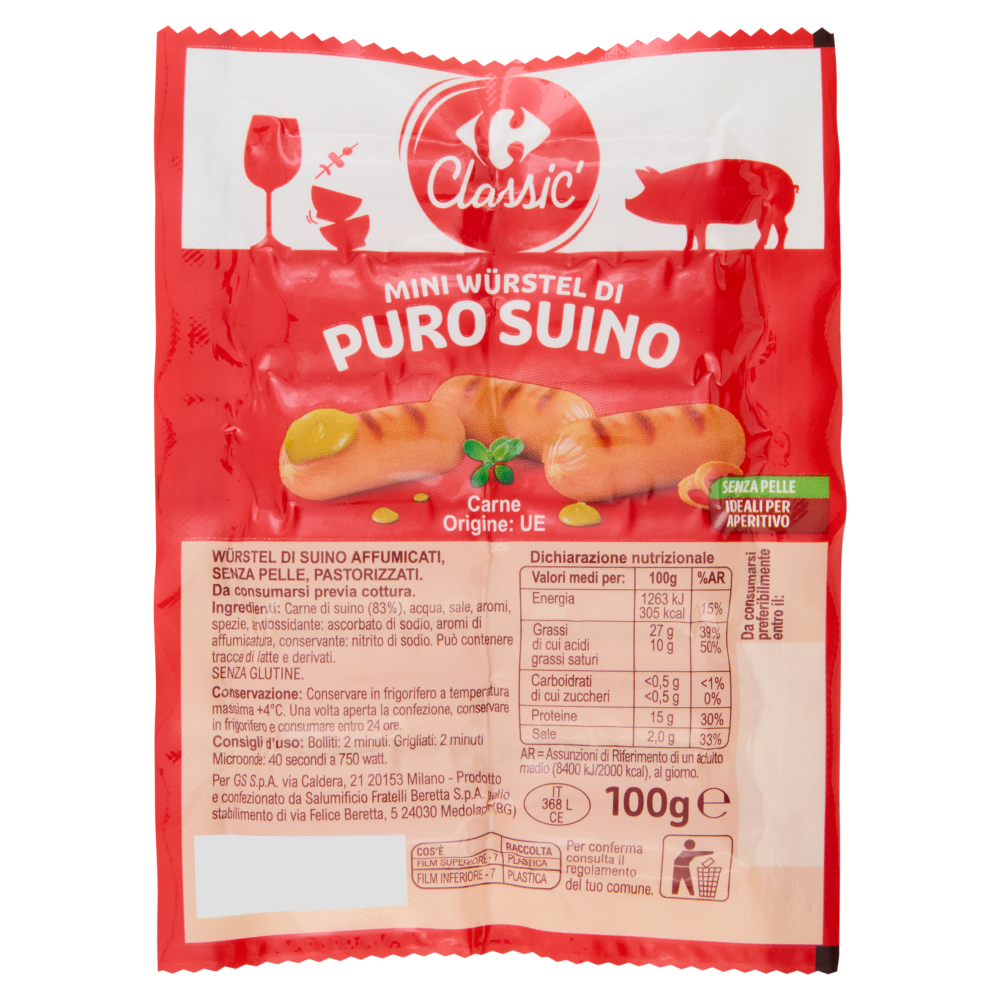 Carrefour Classic mini würstel di Puro Suino 100 g