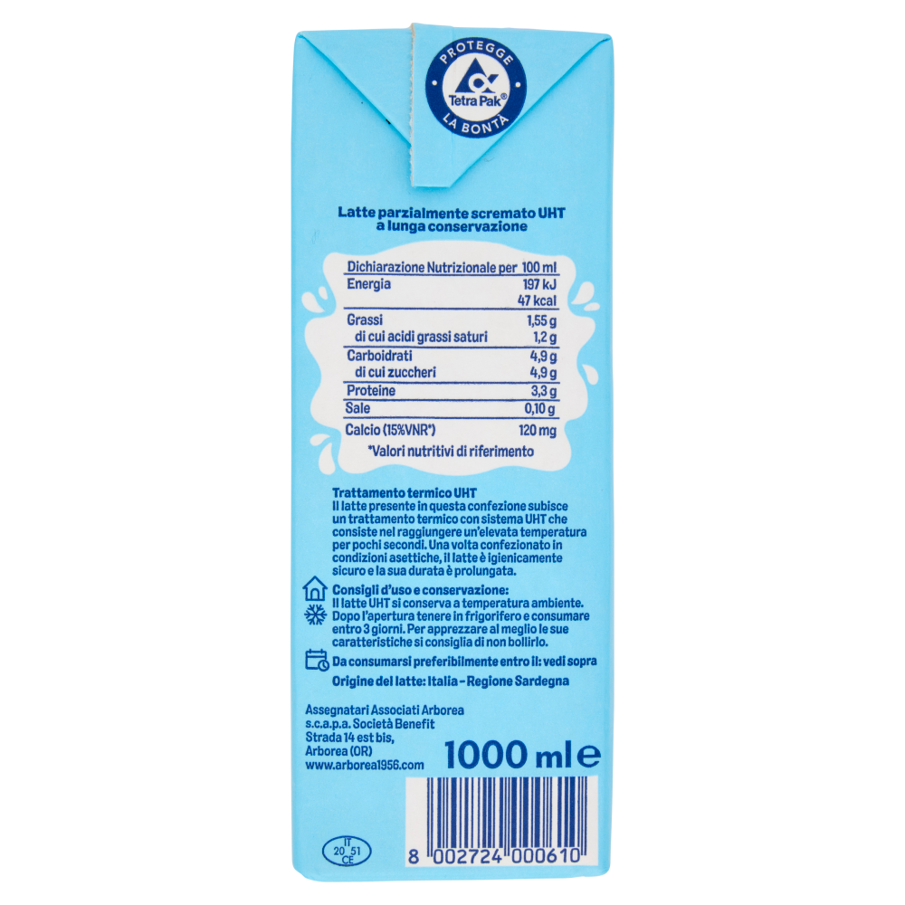 Arborea Latte Parzialmente Scremato UHT a Lunga Conservazione 1000 ml