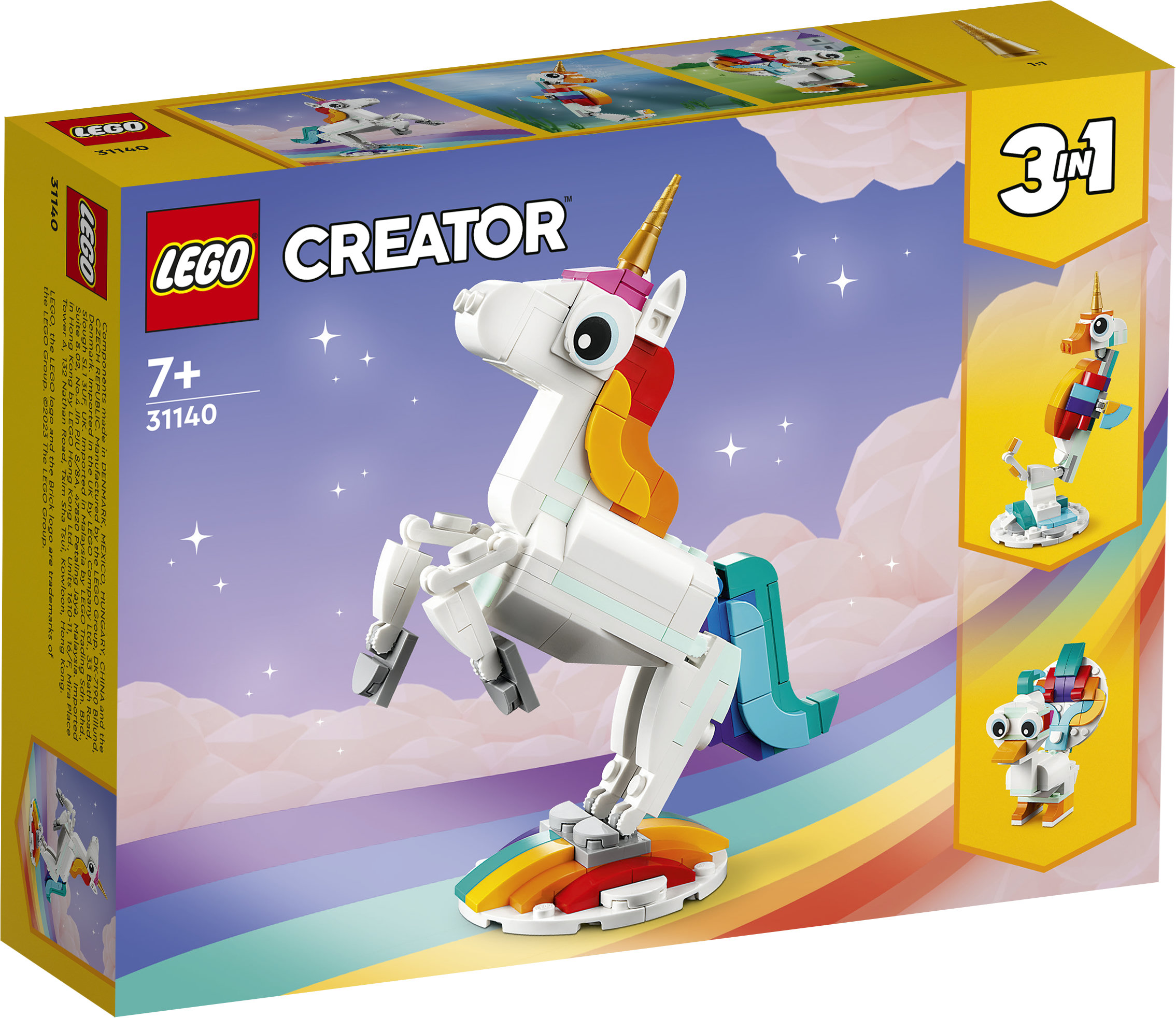 LEGO Creator 31140 Unicorno Magico con Arcobaleno, Set 3 in 1 con Animali Giocattolo Fantastici, Cavalluccio Marino e Pavone