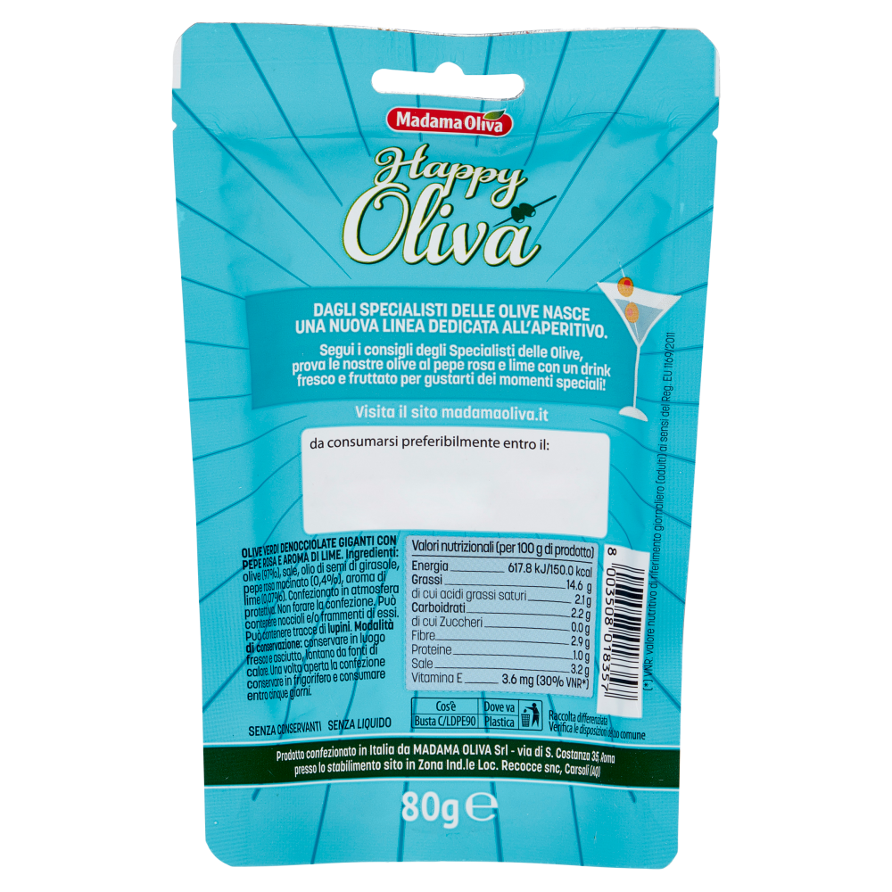 Madama Oliva Happy Oliva Olive Verdi Giganti denocciolate Gusto Pepe Rosa e Lime 80 g
