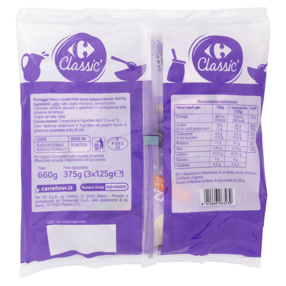 Carrefour Classic Mozzarella Senza Lattosio 3 x 125 g