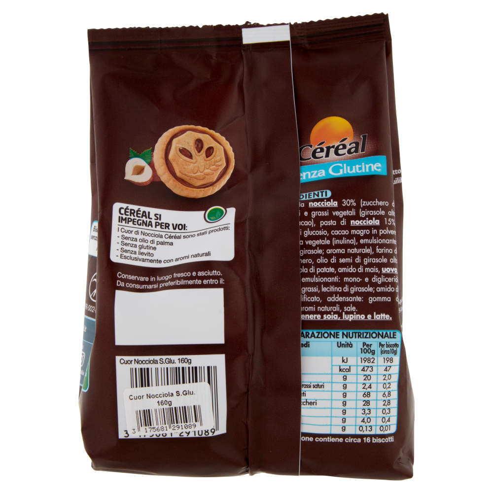 Céréal Cuor di Nocciola, Biscotti ripieni alla nocciola e cacao, Senza Glutine, Senza Lievito - 160g