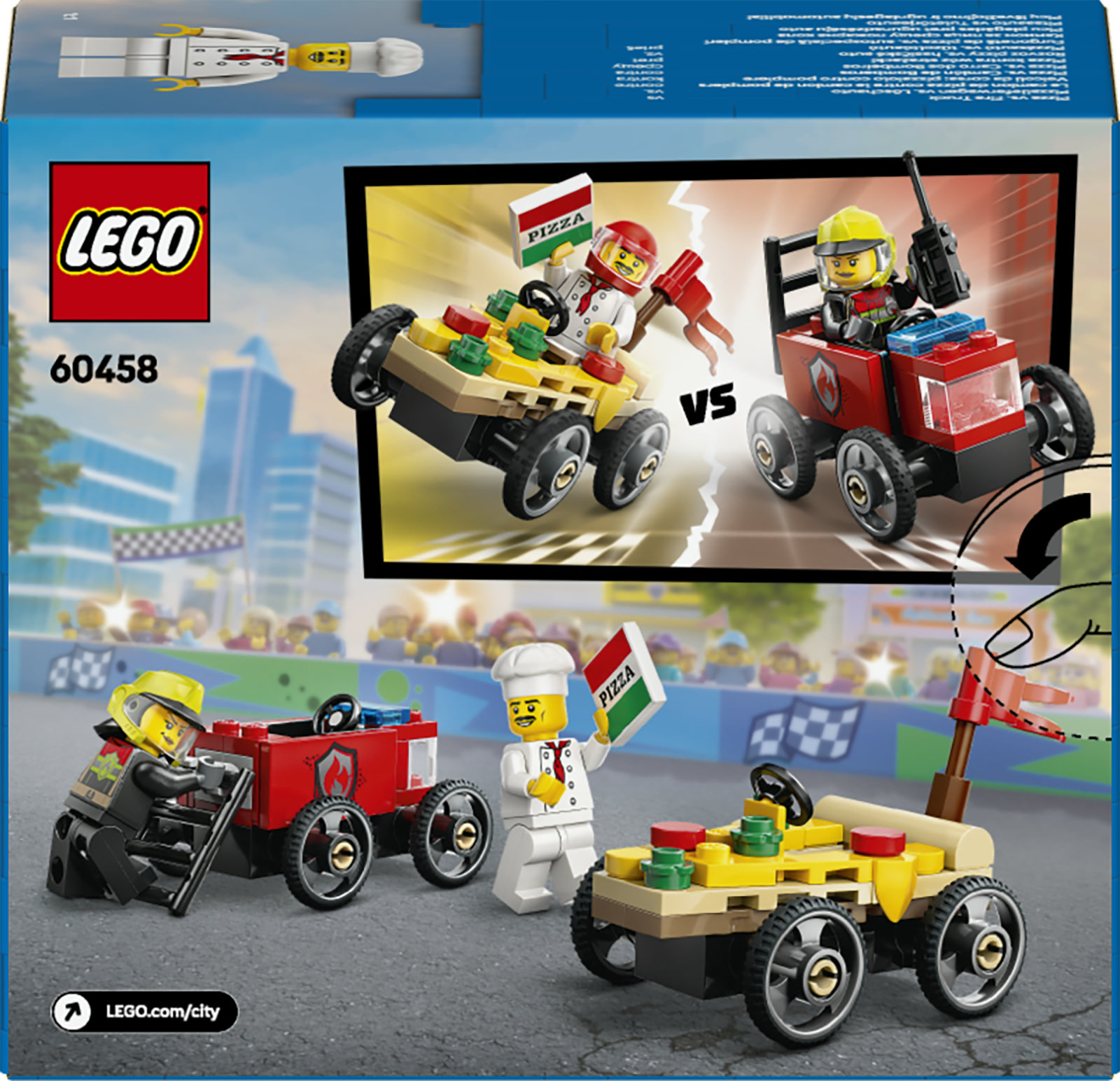 LEGO City 60458 Pack Veicoli da Corsa: Pizzaiolo Contro Pompiere, Macchine Giocattolo con 2 Minifigure, Giochi per Bambini 5+