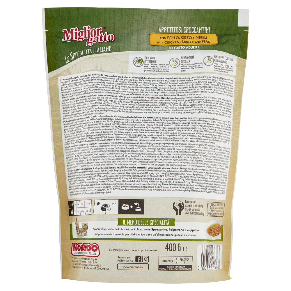 Migliorgatto Le Specialità Italiane Appetitosi Croccantini Pollo, Orzo e Piselli Gatto Adulto 400 G