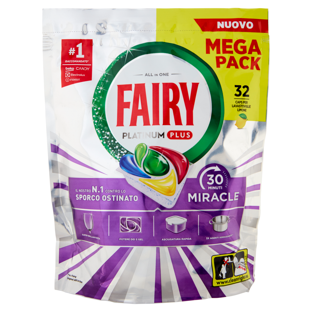 Fairy Pastiglie Lavastoviglie Platinum Plus All in One Miracle Detersivo Piatti Limone 32 Caps 527 g