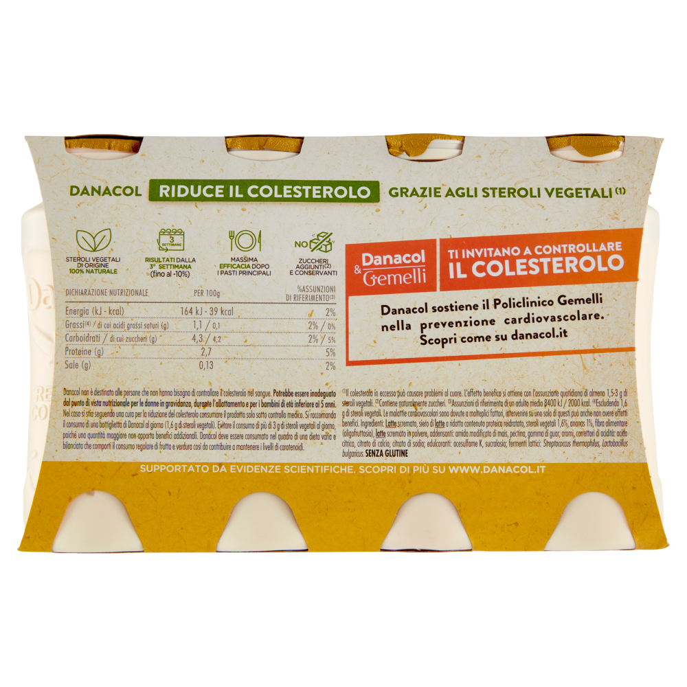 DANACOL Yogurt da bere, Riduce il Colesterolo grazie agli Steroli Vegetali, gusto Ananas, 8x100g