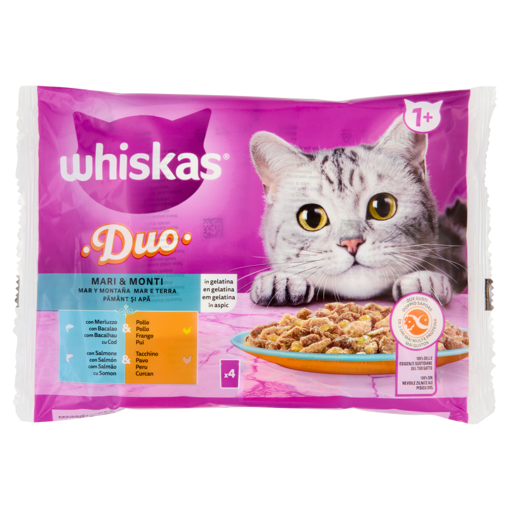 Whiskas Duo Cibo Umido Gatto Mari & Monti in Gelatina Merluzzo & Pollo, Salmone & Tacchino 4x85g