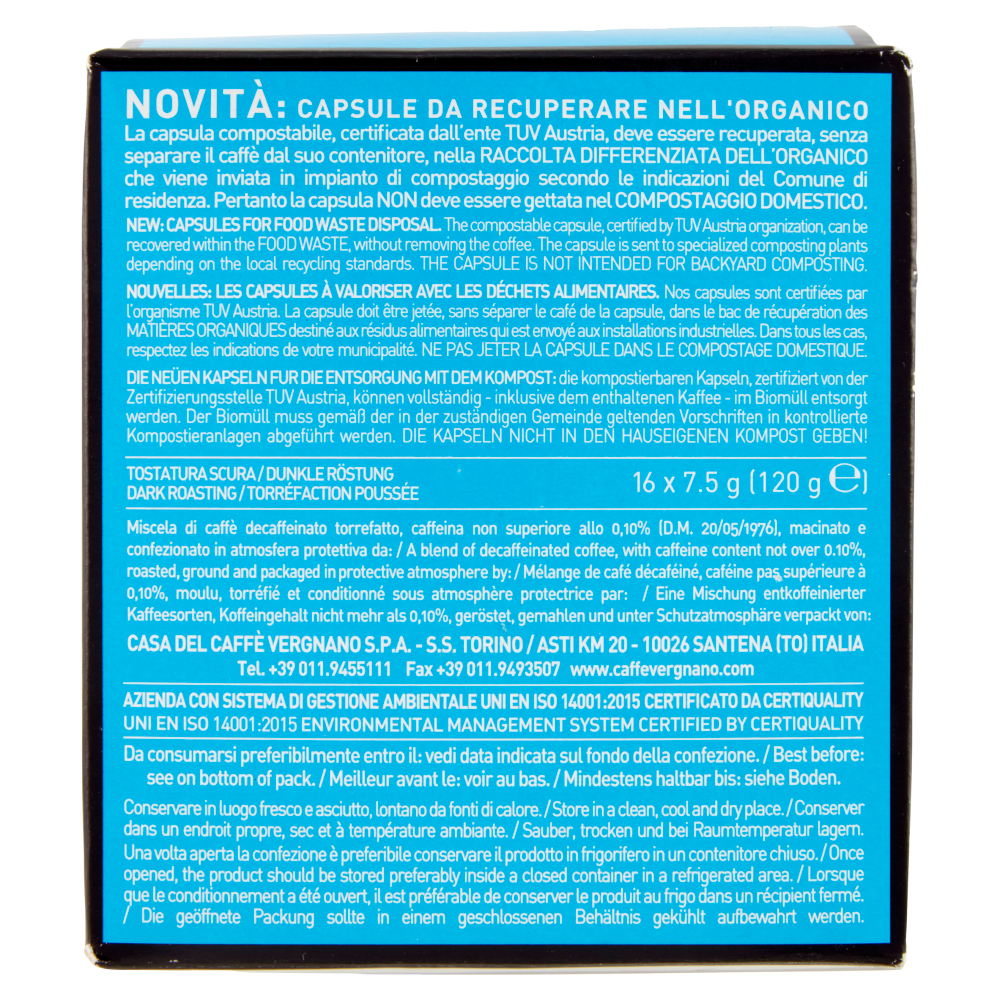 Caffè Vergnano 1882 Decaf Compostabile** Capsule Compatibili Lavazza a Modo Mio* 16 x 7,5 g