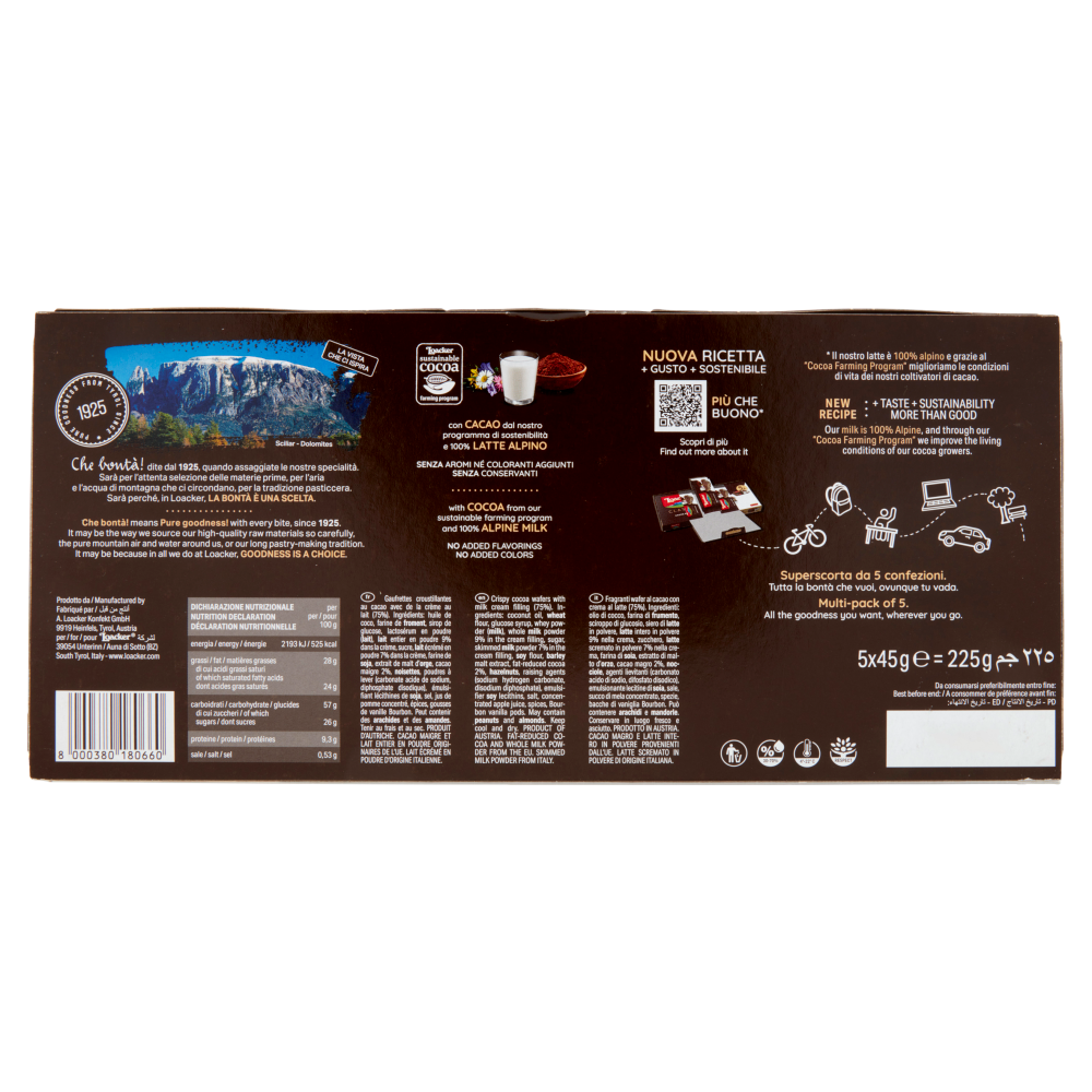 Loacker Classic Cocoa & Milk Wafer al cacao con crema al latte 100% alpino Wafers 45gx5