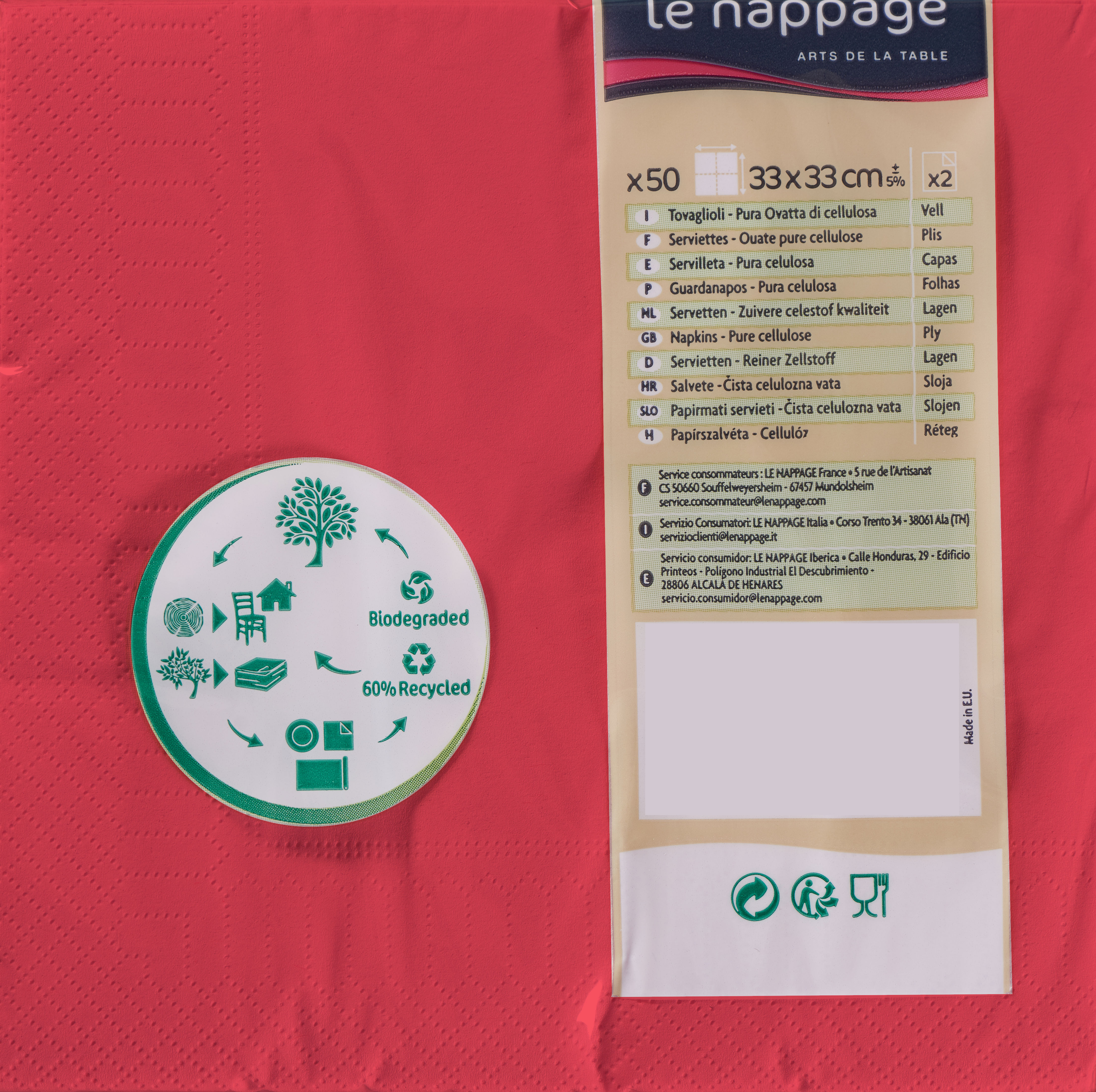 Le Nappage 50 tovaglioli in ovatta 33x33 cm 2V 100% Nature Rosso