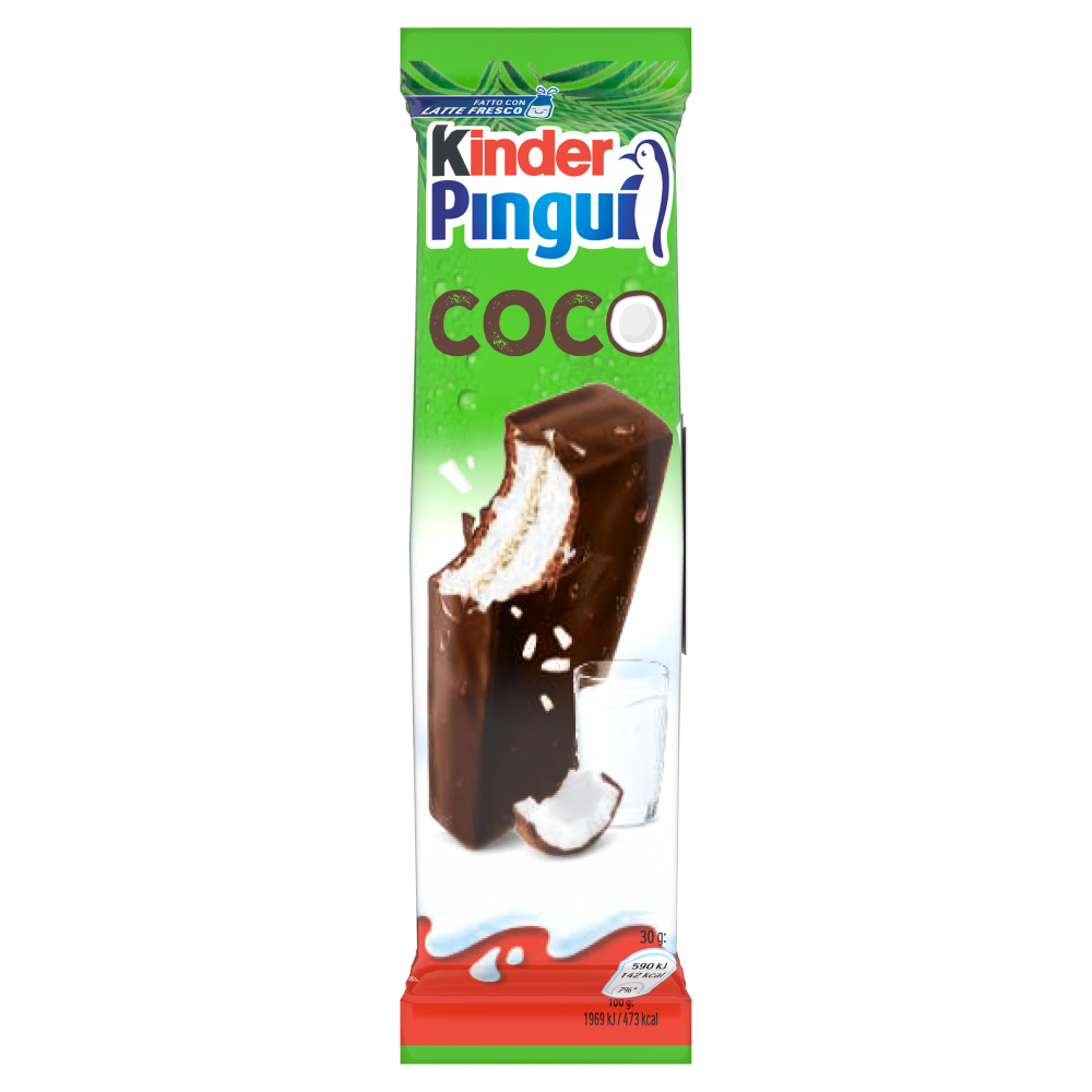 Kinder Pingu&igrave; Cocco: merenda con cioccolato fondente, pan di spagna e ripieno al latte e cocco 4x30g