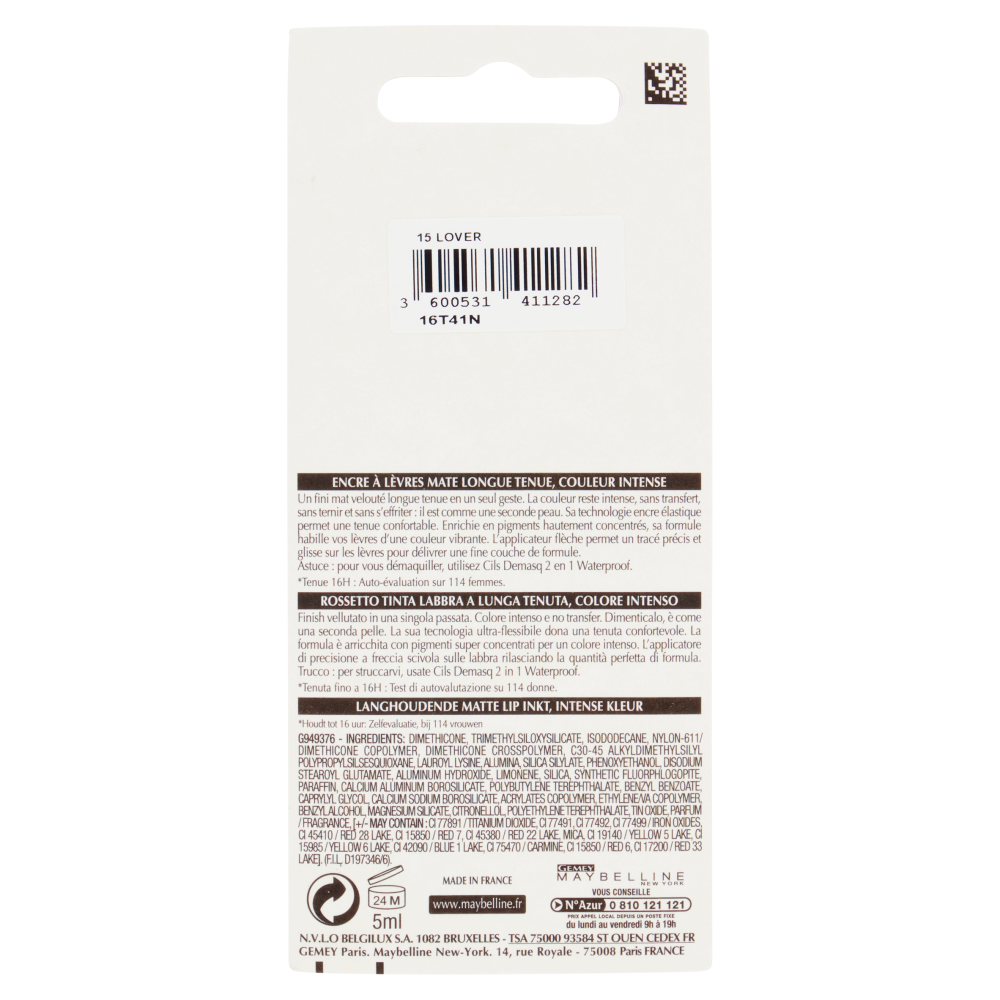 Maybelline New York Tinta Labbra SuperStay Matte Ink, Rossetto Liquido a Lunga Tenuta, 15 Lover