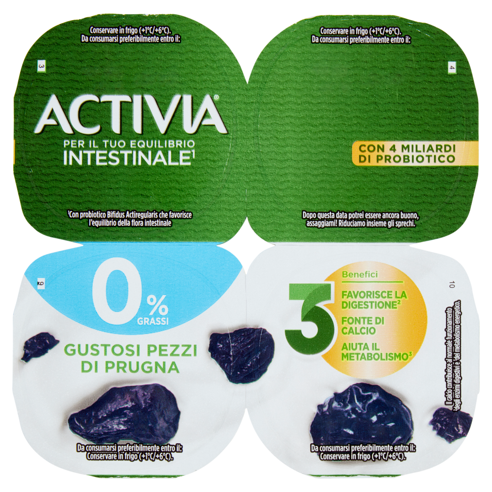 ACTIVIA Yogurt con Probiotico Bifidus, 0% Grassi, gusto Prugna, 4x125g