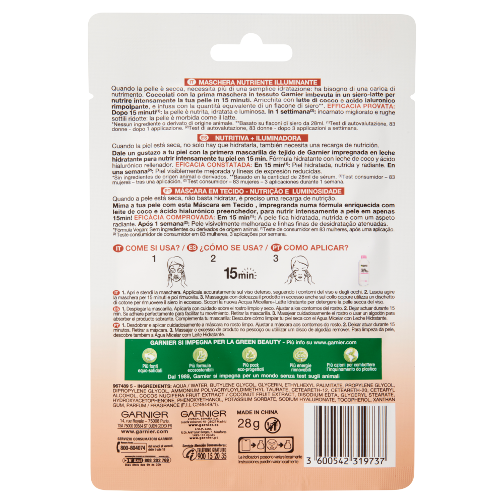 Garnier Maschera in Tessuto Nutriente Illuminante NutriBomb, Pelli Secche e Spente, Latte di Cocco