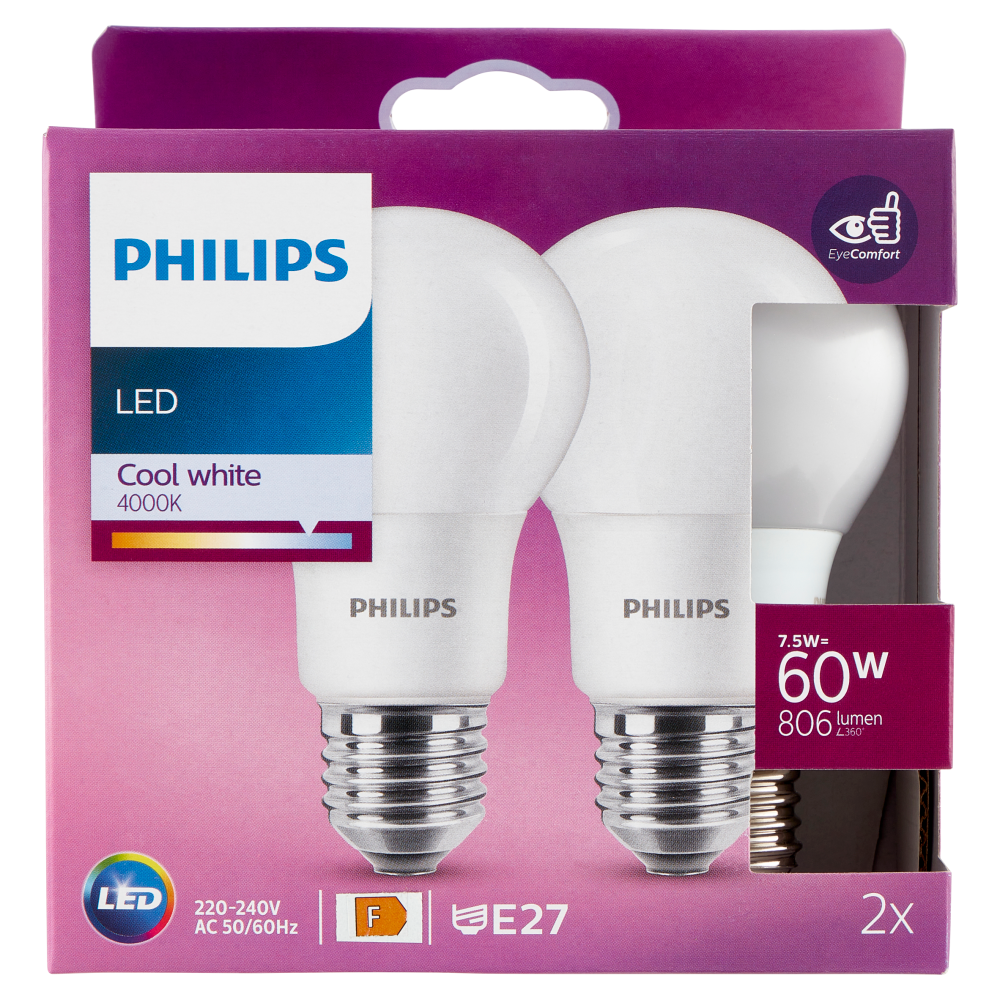 Philips Led goccia 60W E27 4000K 2 pz