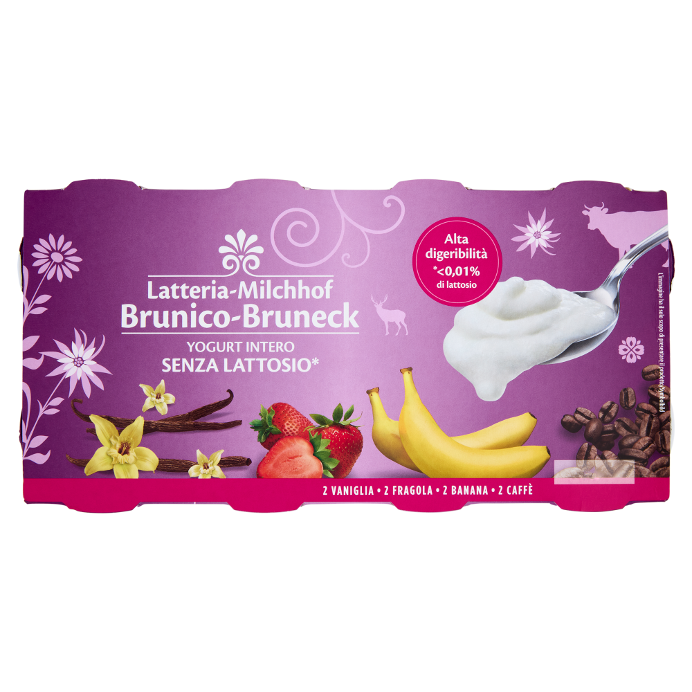 Latteria Brunico Yogurt Intero Senza Lattosio* 2 Vaniglia 2 Fragola 2 Banana 2 Caffè 8 x 125 g