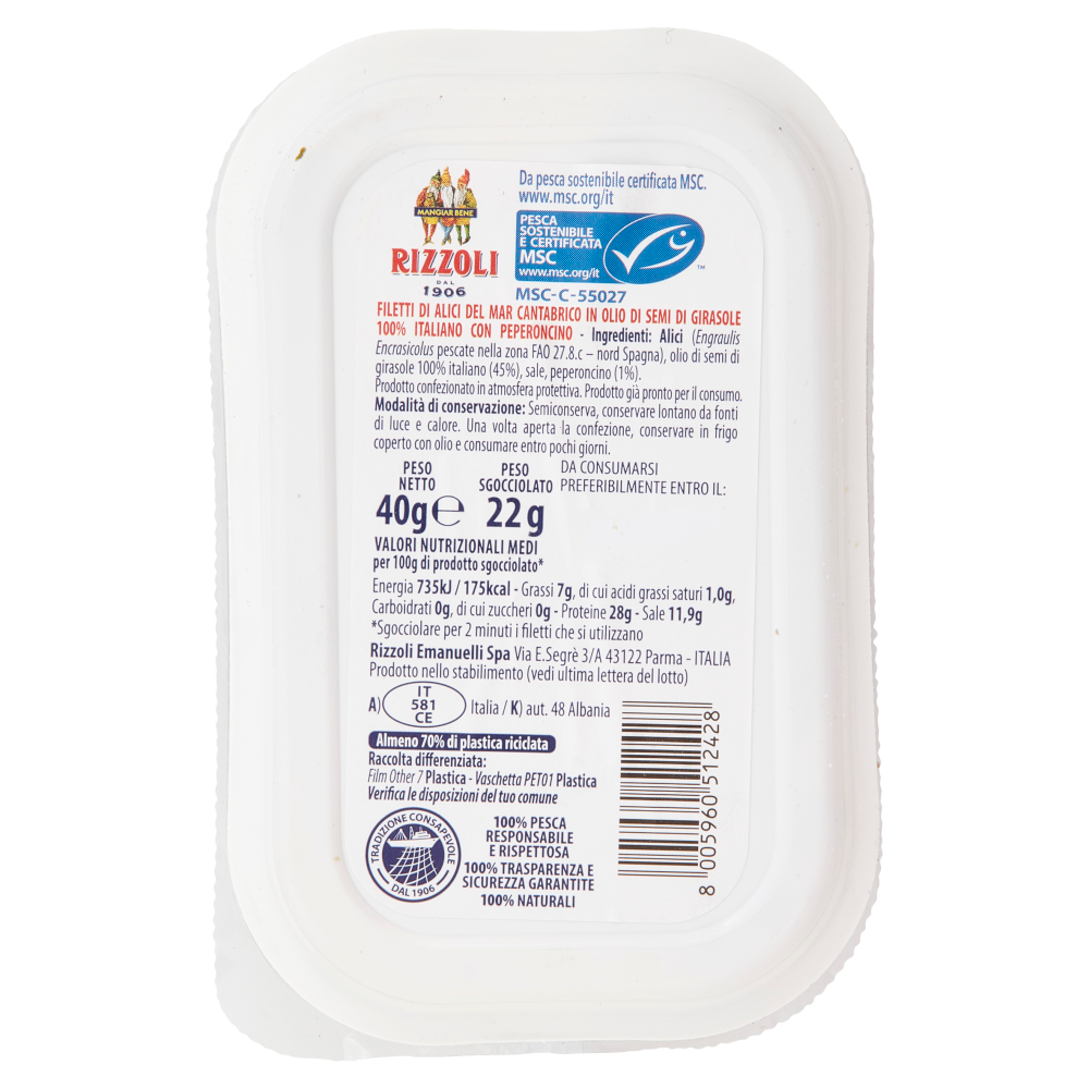 Rizzoli Filetti di Alici del Mar Cantabrico a Bassa Salatura Peperoncino 40 g