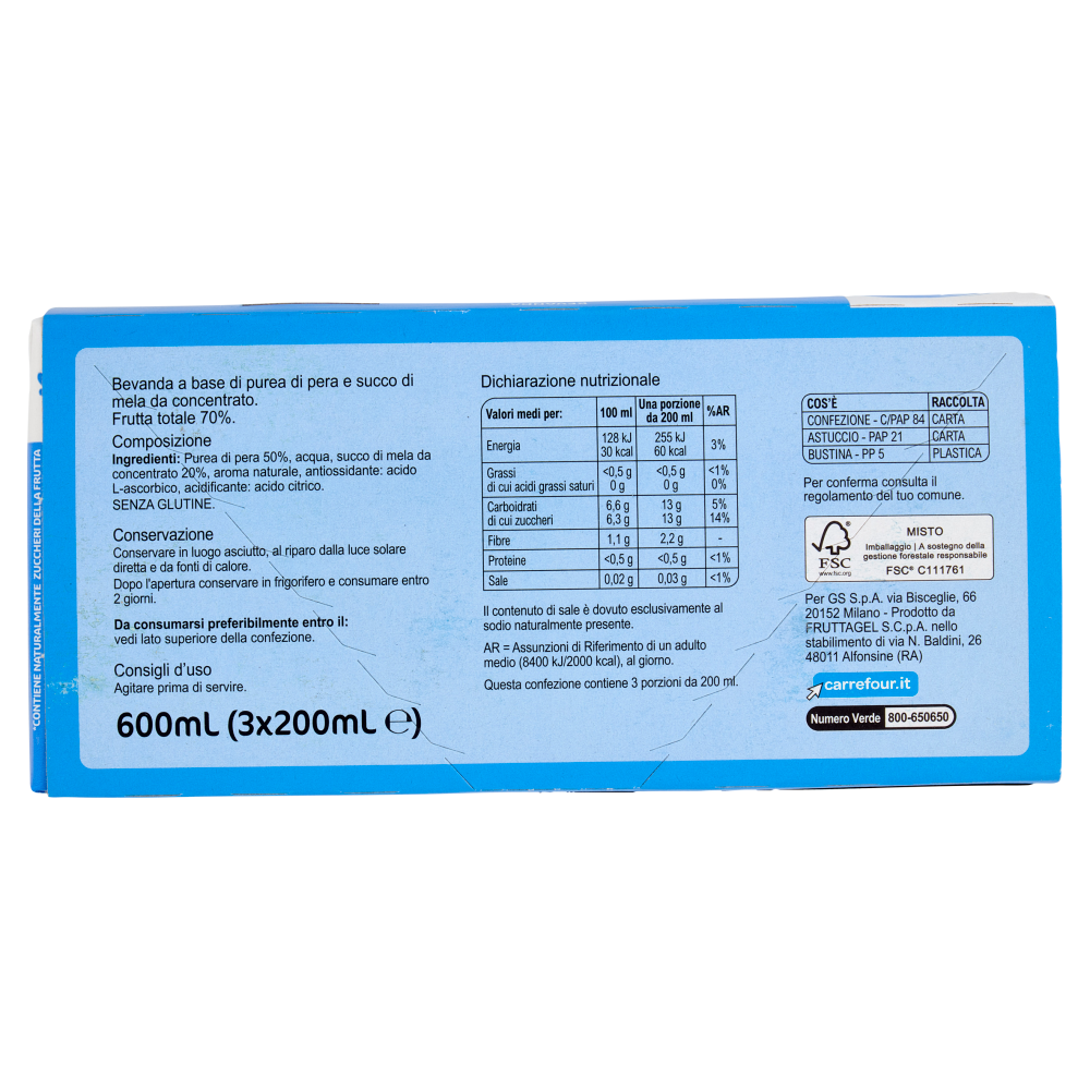 Carrefour Classic Bevanda Senza Zuccheri Aggiunti* Pera con Mela 3 x 200 ml