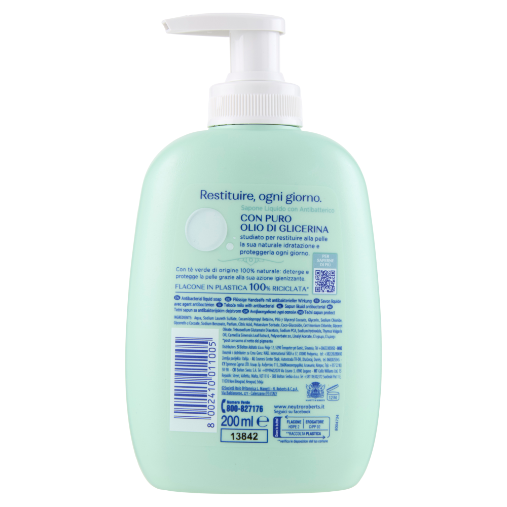 Neutro Roberts con Antibatterico Tè Verde Sapone Liquido 200 ml