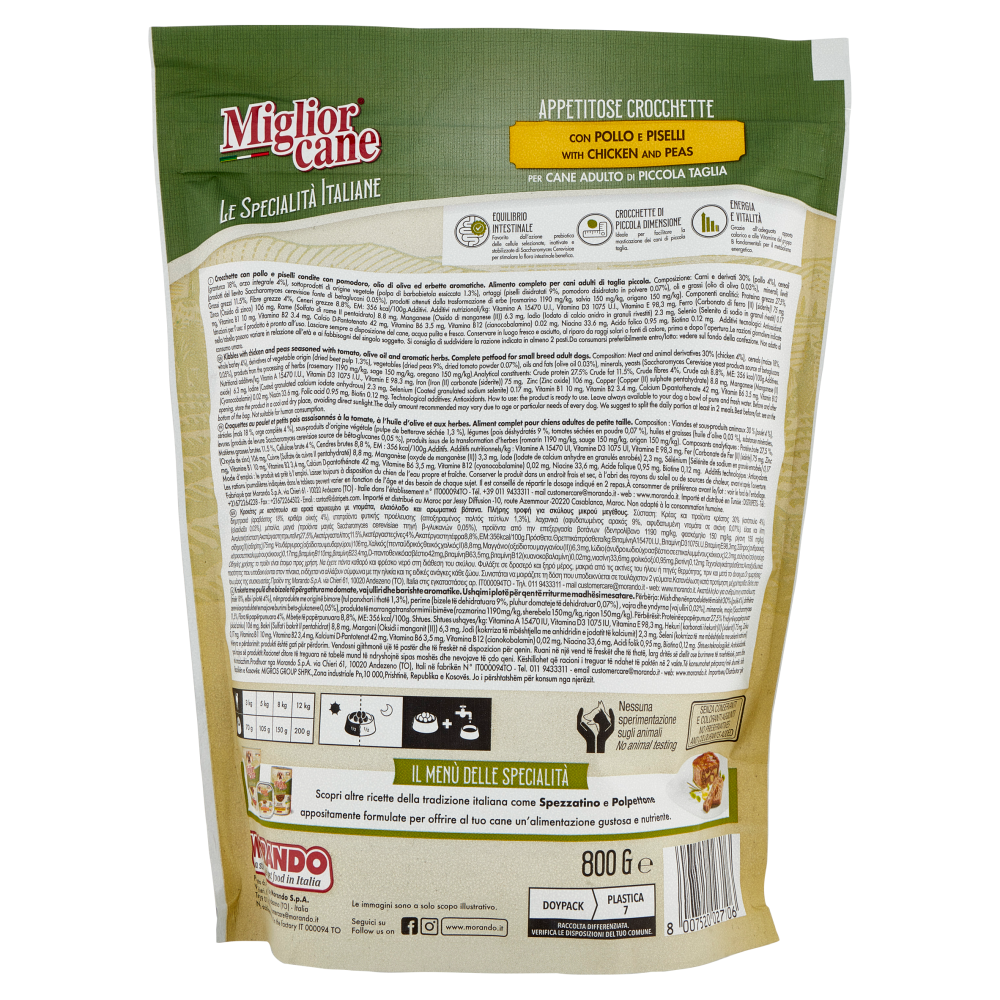 Migliorcane Le Specialità Italiane Crocchette Pollo, Piselli per Cane Adulto di Piccola Taglia 800 g