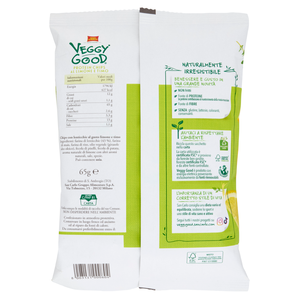 San Carlo Benessere Veggy Good Protein Chips Non Fritte al Limone e Timo 65 g