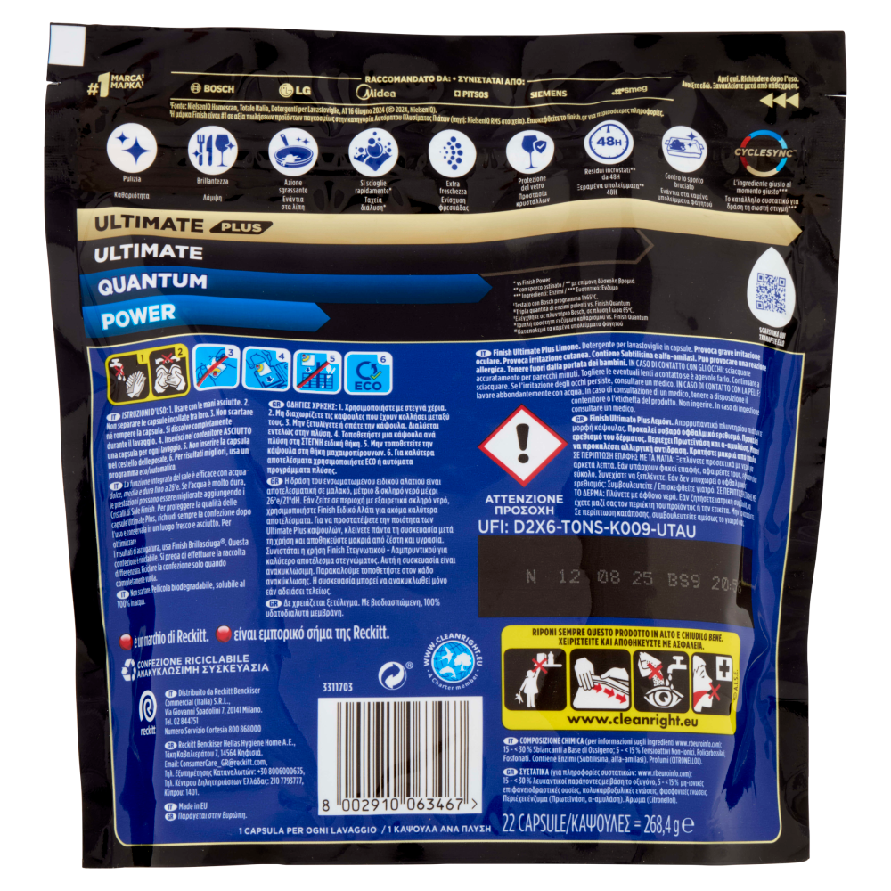 Finish Ultimate Plus Limone pastiglie lavastoviglie 22 lavaggi 268,4 g