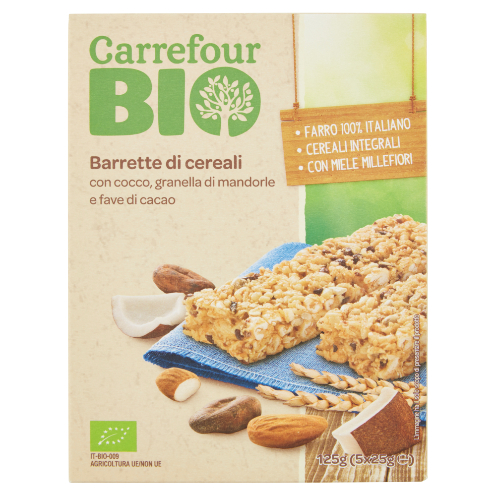 Carrefour Bio Barrette di cereali con cocco, granella di mandorle e fave di  cacao 5 x 25 g