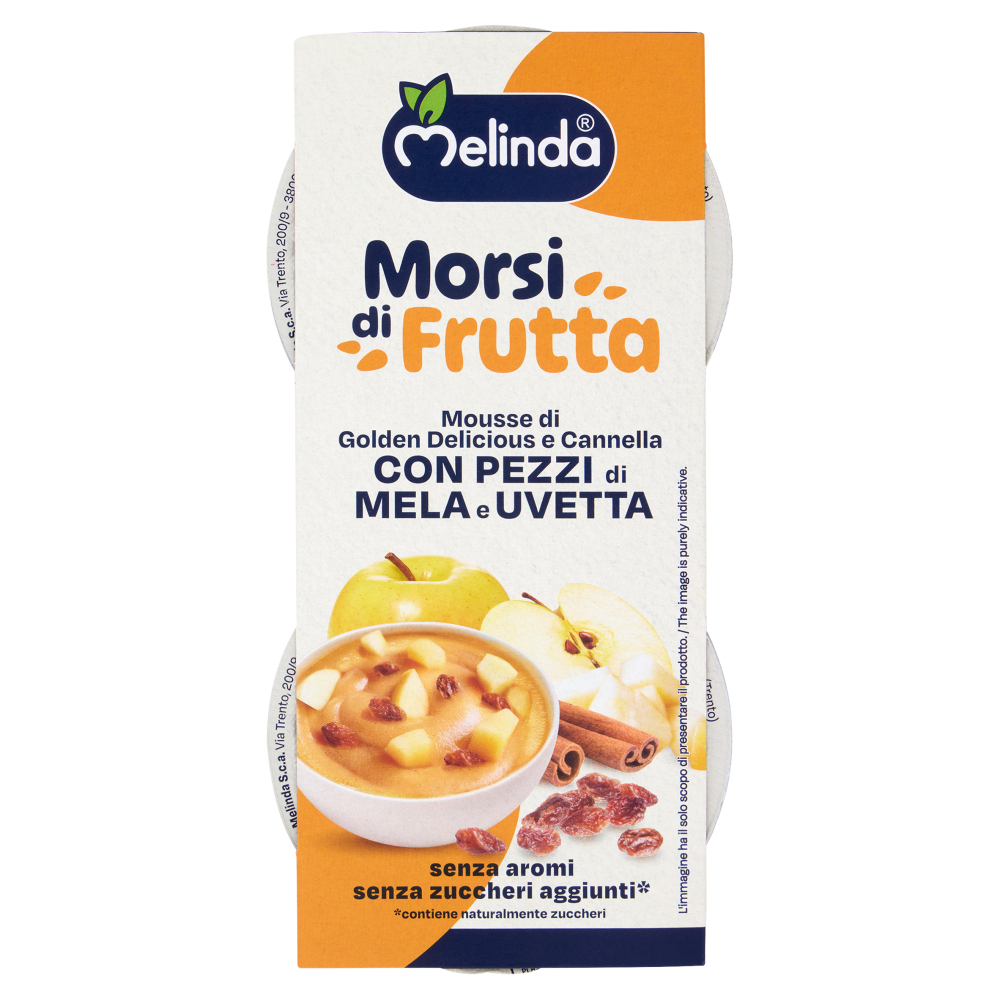 Melinda Morsi di Frutta Mousse di Golden Delicious e Cannella con Pezzi di Mela e Uvetta 2 x 100 g